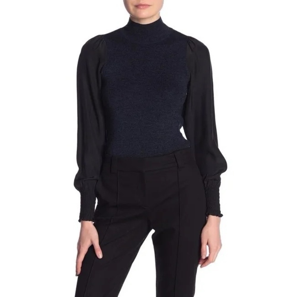Rebecca Taylor Mock Neck Wool Silk Sleeve Blouse Women's Sz Small Blue Black